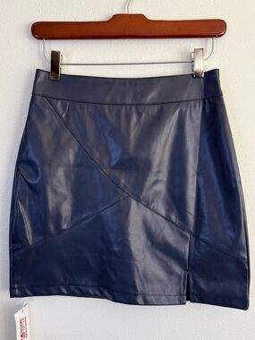 Navy Blue Faux Leather Mini Skirt High Waisted Zip Back Chic NWT